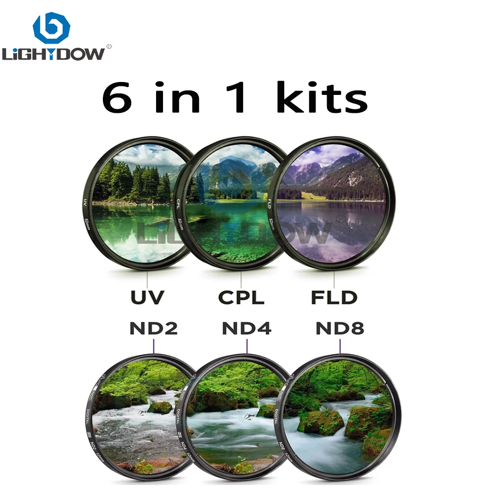 Lightdow 카메라 렌즈 필터, 캐논 니콘 카메라 렌즈용 키트, 6 in 1 키트, UV + CPL + FLD + ND 2 4 8 49mm, 52 55 58 62 67 72 77 82mm