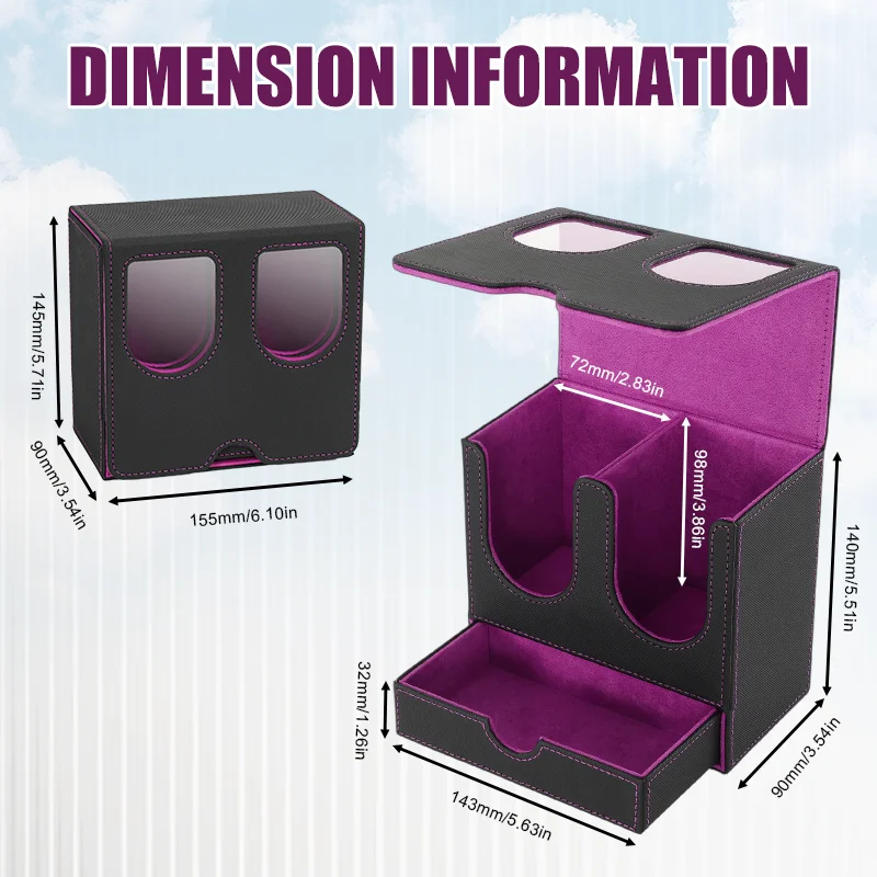 Kartendeckbox mit Sichtfenster, für 200 doppelt umhüllte Karten und Würfeltablett, PU-Leder-Kartenbox mit Magnetverschluss für TCG-Karten – Detail 2