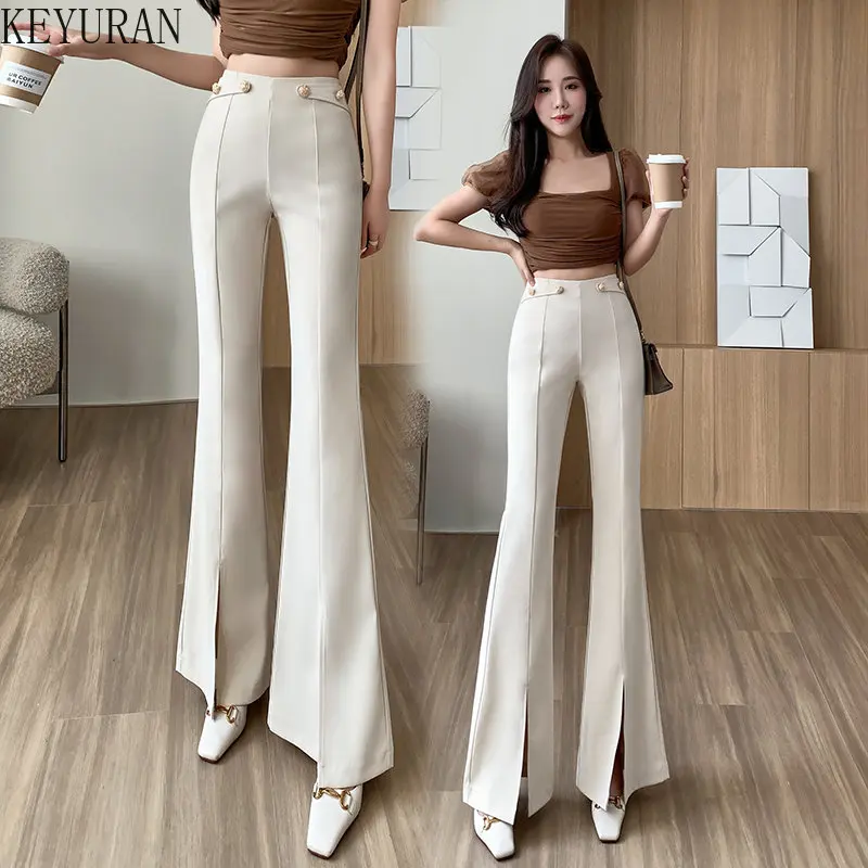 

Buttons Apricot Black Flare Pants for Women Trousers Korean Fashion Casual Office Lady Female High Waist Long Bell Bottom Pants