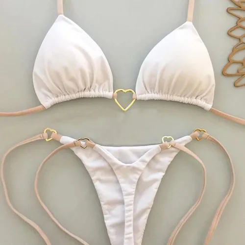 Nuevo Bikini blanco de Color sólido para mujer, traje de baño de cintura baja con cordones, conjunto de dos piezas