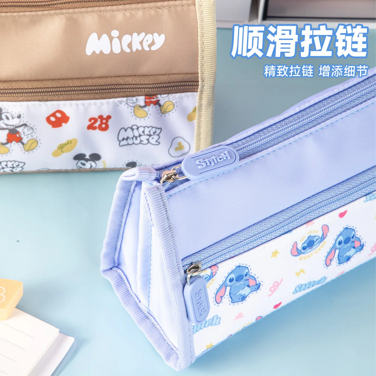 Disney Lilo and Stitch Large Capacity Double Layer Pencil Case Kawaii Mickey Series Pen Bag for Boys Girl Stationery Storage Bag