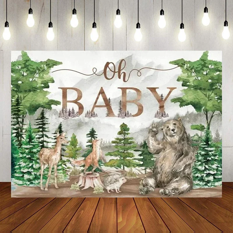 Woodland Forest Friends Tree Mountain Animals Happy Birthday Party Photography Backdrop Background Banner Decoration Baby Shower