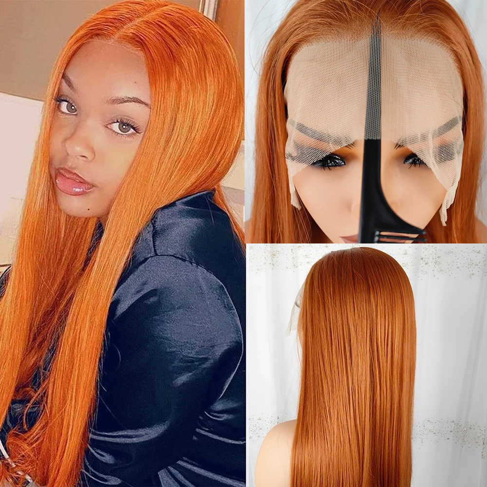 13*4 Lace Front Synthetic Straight Wigs 180Density Ginger Orange Perfect for Any Occasion Fancy Silk Heat Resistant Fiber