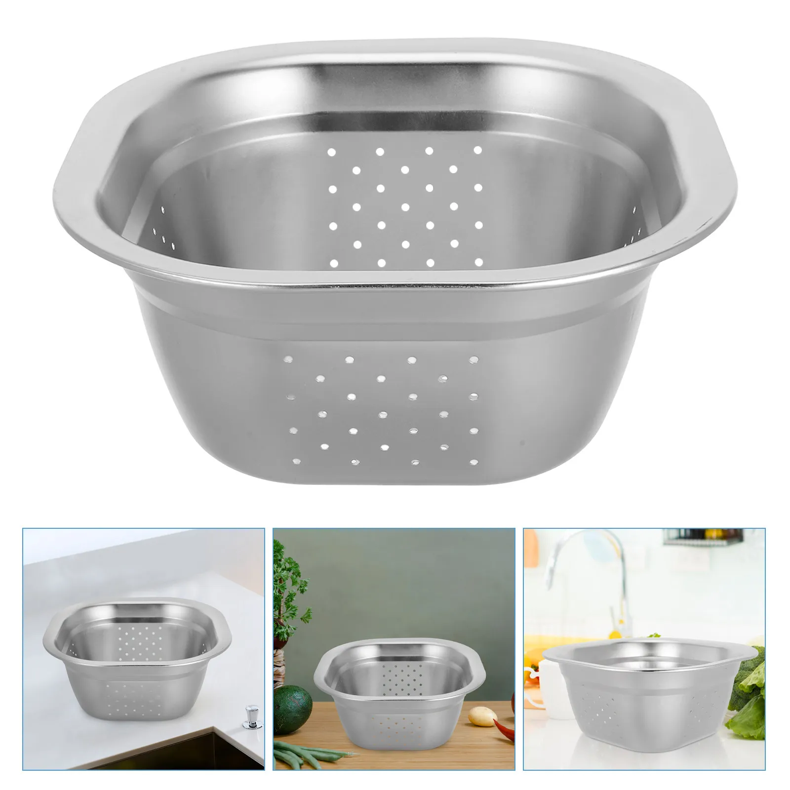 Stainless Steel Colander Large Capacity Basin Drainage Holes Vegetable Washing Fruit Rice Draining Basin Convenient Kitchen