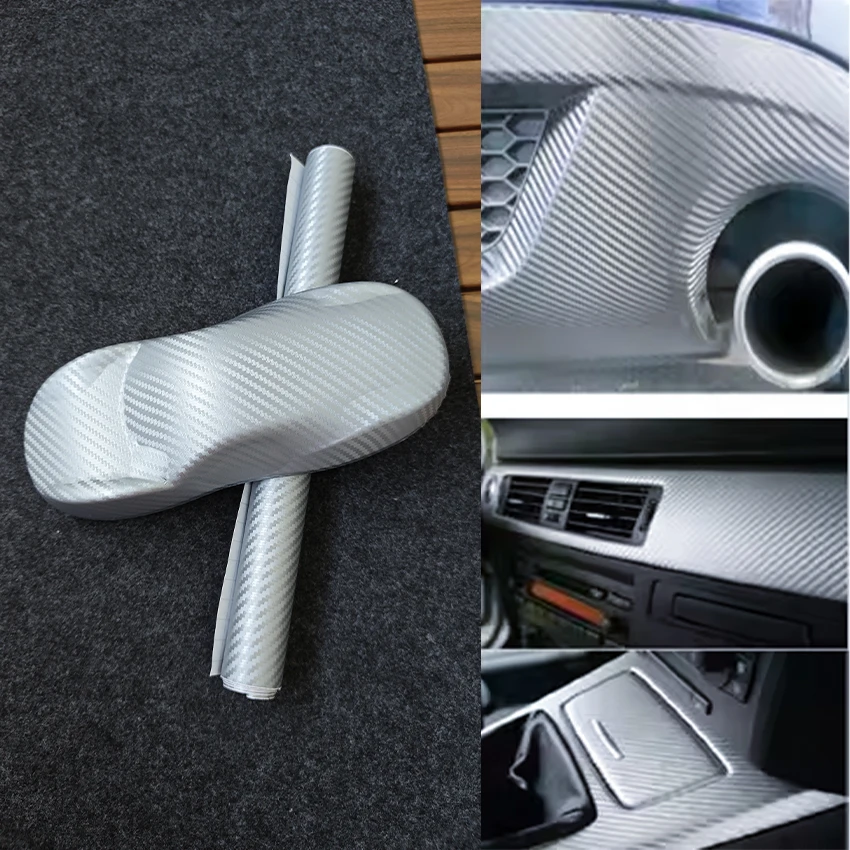 3D Silver Carbon Fiber Vinyl Wrap Roll, Bubble Free DIY Car Body Decal, Waterproof Self-Adhesive Film for Car and Motorcycle