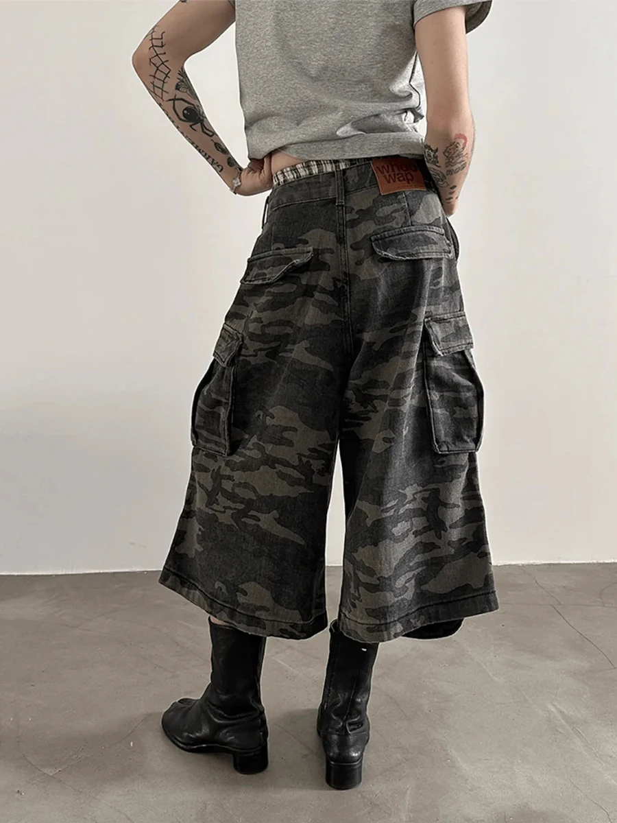 REDDACHiC Plus Size Men Camouflage Denim Shorts Vintage Pleated Wide Leg Multi-pocket Cargo Jeans Jorts Hip Hop Punk Streetwear - Image 4