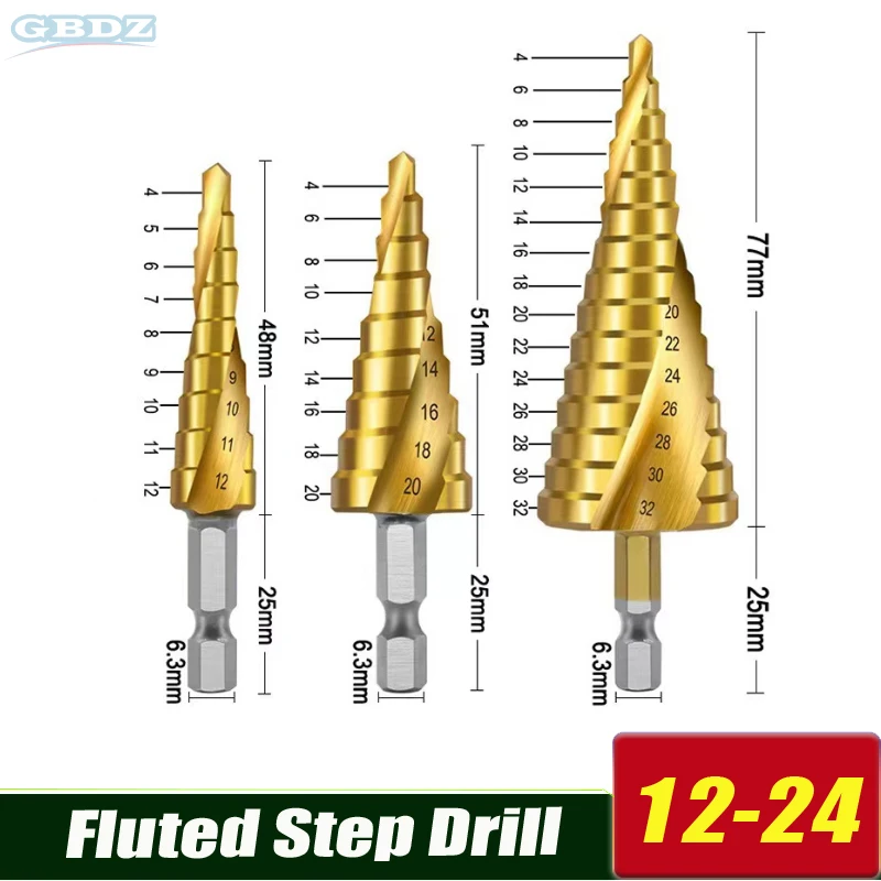 

12-24mm HSS Step Drill Bit Hex Shank Pagoda Spiral Fluted Step Cone Drill Hole Cutter Drilling Plastic Metal Wood Electric Drill