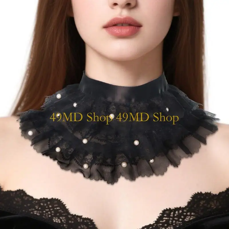 49MD Delicate Lace Faux Collar With pearls Accents Adjustable Evening Dress Accessory
