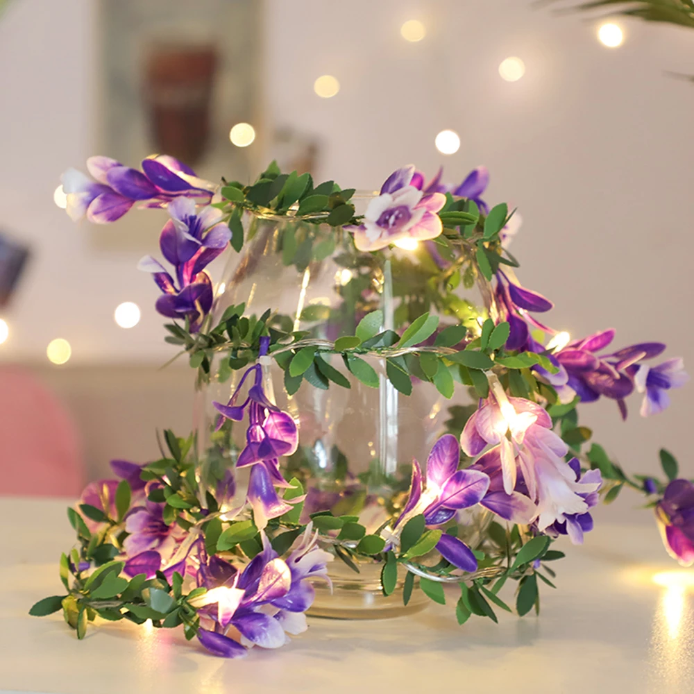 

Battery/USB Operated Rose Flower String Light Green Leaf Garland Lamp Floral Holiday Lighting Leaves Fairy Light for Wedding