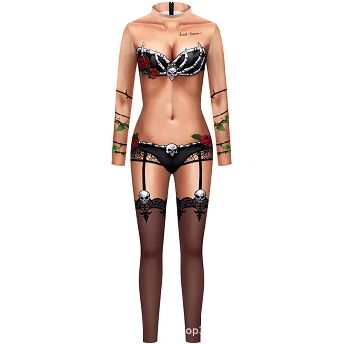 Halloween Sexy Damen Kostüm mit Digitaldruck, Karneval Bodysuit mit Reißverschluss, Party Cosplay Jumpsuit Outfit – Detail 6