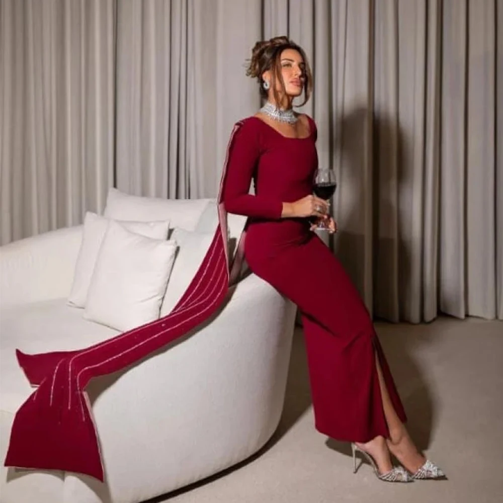 

Red Jersey Evening Dress Square Collar Long Sleeves Straight Ankle Length Front Slit Women Customized فساتين سهره نسائيه فخمة