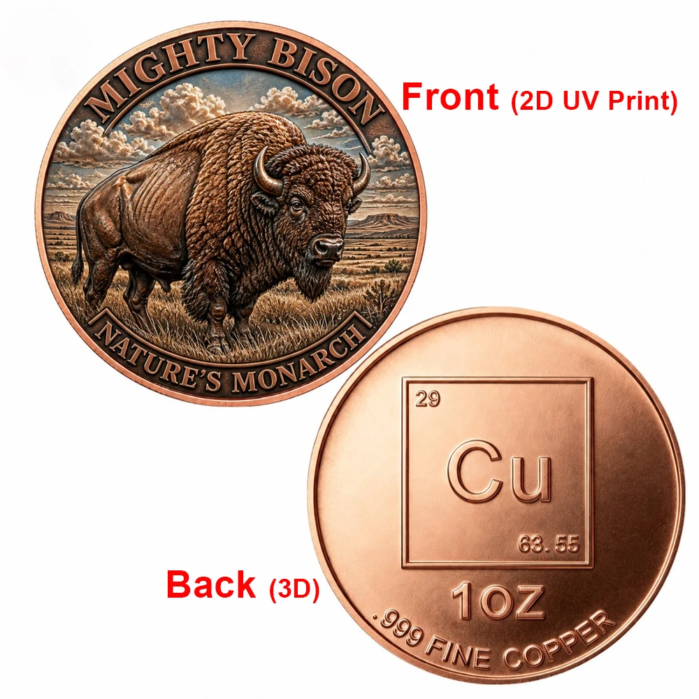 1pc 1oz .999 Fine Copper Mighty Bison Commemorative Coin 2D Print Wild American Bison Challenge Coin Wildlife Art Collection