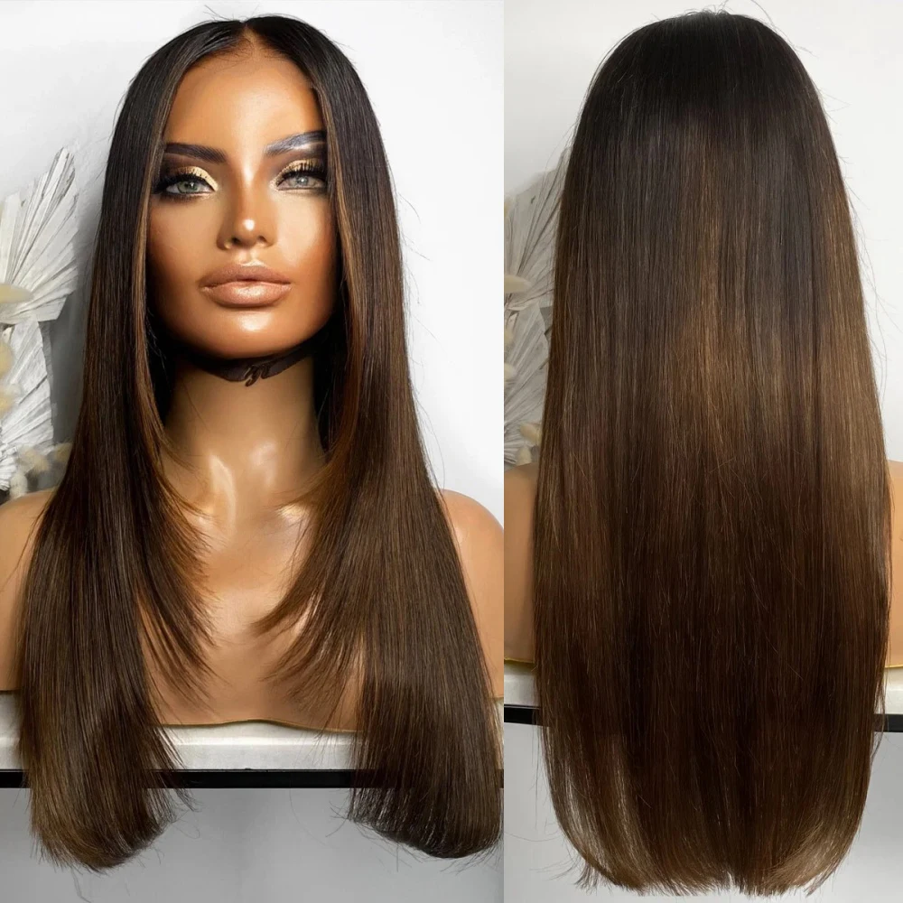 Synthetic Lace Front Wigs For Black Women Straight Long Bob Wigs 22 inch Easy Wear Ombre Brown Brunette Wig Cosplay Daily Wigs