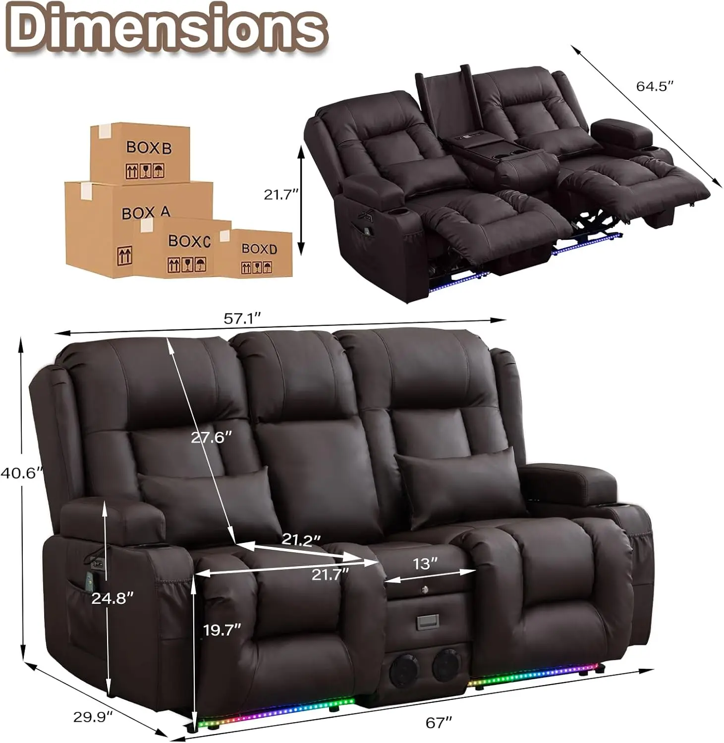 Loveseat Recliner Sofa with Massage & Heat Home Theater Seating with Console Electric Recliner RV Sofa with USB/Outlet/Storage/S