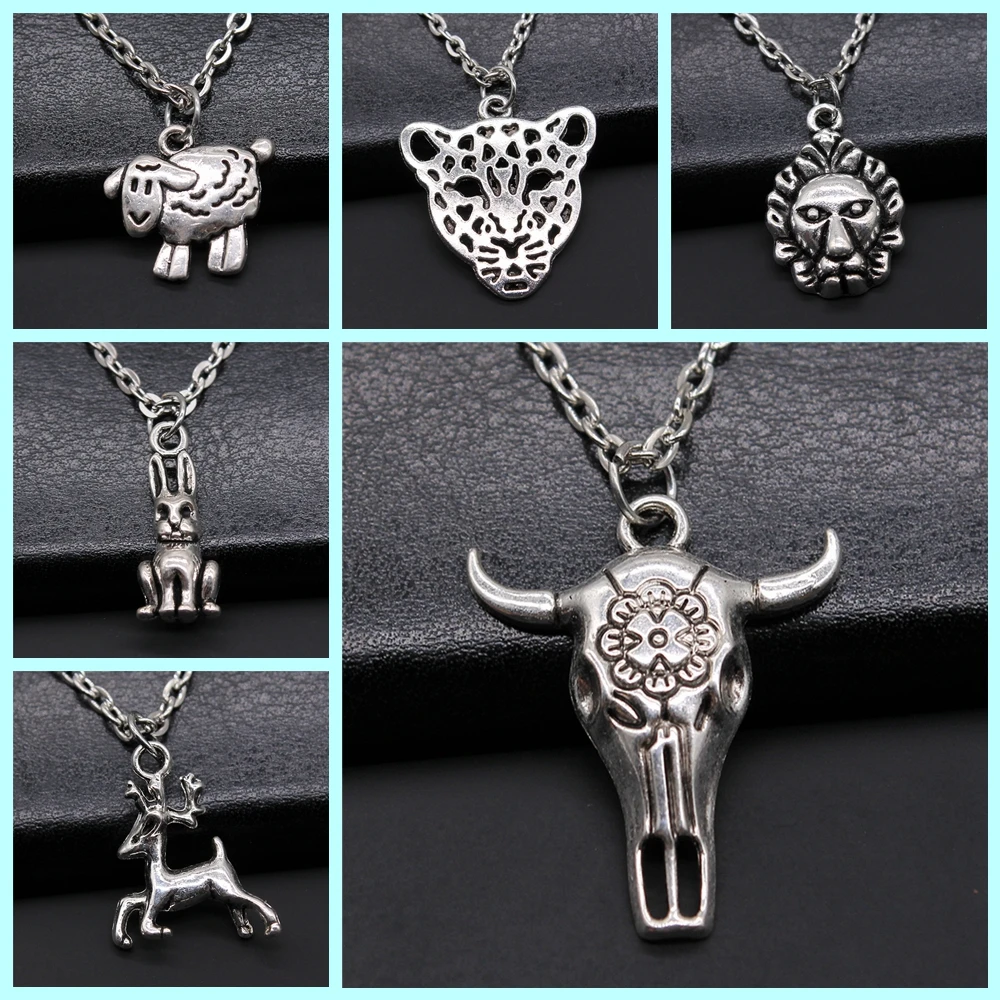 Animal Pendant Necklace Fashion Antique Silver Color Simple Zinc Alloy Rabbit Sheep Snake Deer Pig Lion Necklaces - view 3