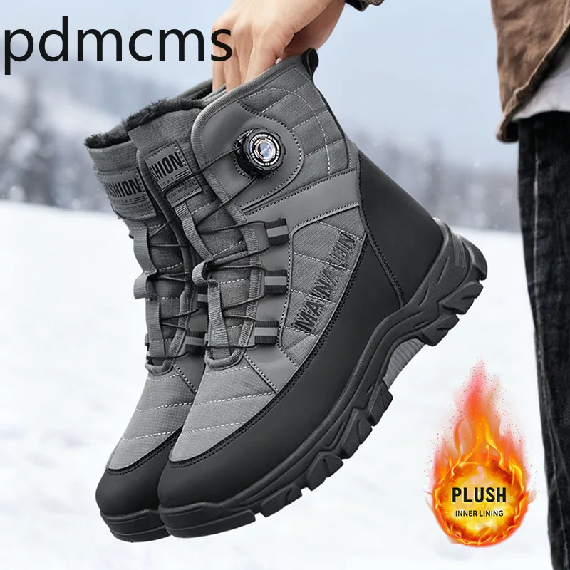 Men Winter Snow Boots Rotary Buckle Plush Lined Waterproof Non-slip Thick Sole Warm Outdoor Hiking Boots for Men Ankle Boots New