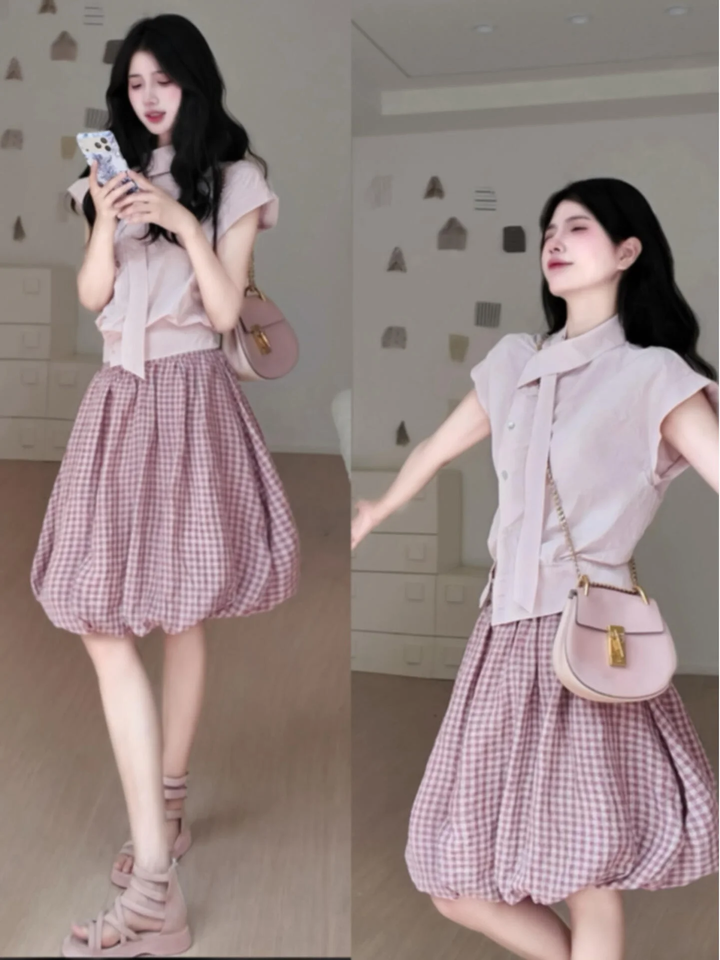 Parkyeon Summer Korean Style Fashionable Design Soft Age-Reducing Pink Plaid Halterneck Top And Skirt Set Women's Casual Wear