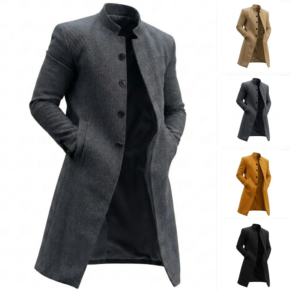 Men Mid Length Coat Single Breasted Wool Blends Stand Collar Full Sleeve Overcoat Casual Work Y2k Streetwear Autumn Winter 2026