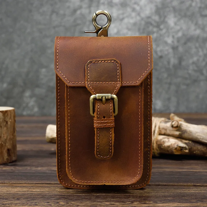 

Men's genuine leather fanny pack Crazy Horse first layer cowhide wearing belt hanging mobile phone bag retro fashion simple casu