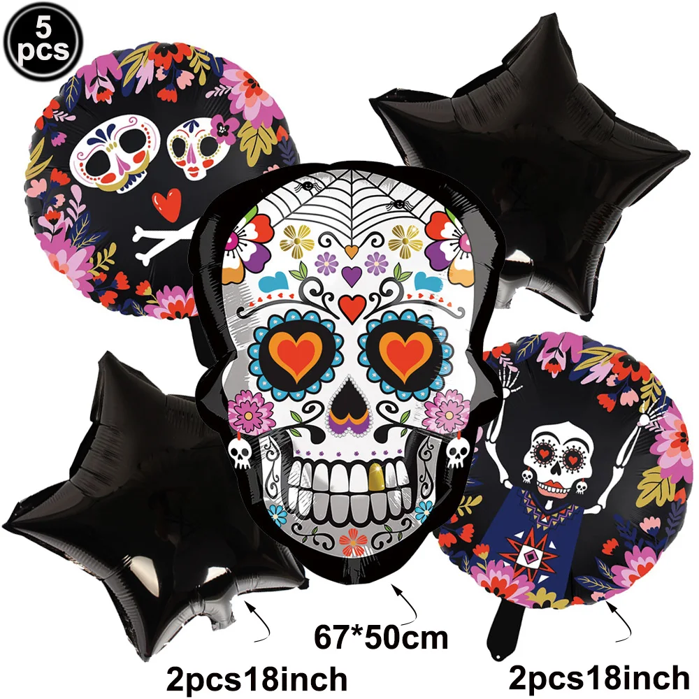 Day of the Dead Halloween Theme Flower Skull Disposable Tableware Paper Plates Cups Napkins Banner Hanging Decor Party Supplies