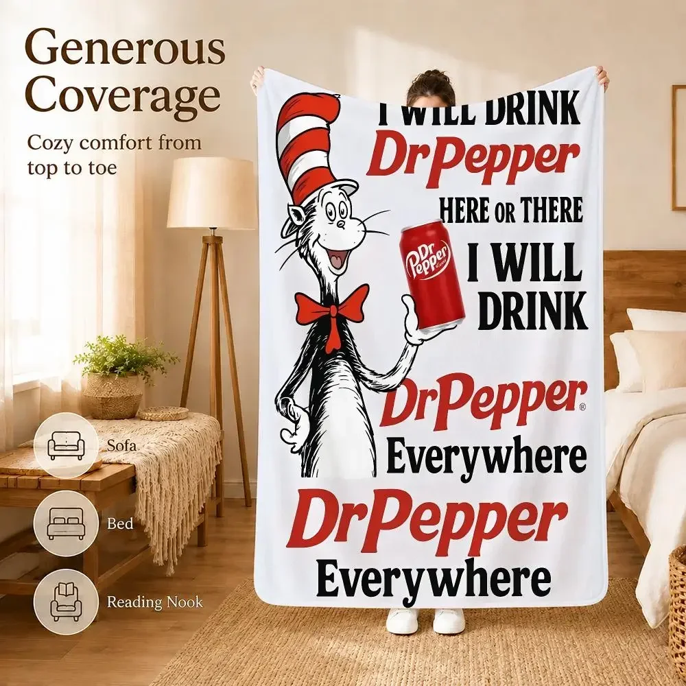 Retro Dr. Pepper Cat American Slogan Throw Soft Lightweight Flannel Blanket for Sofa Couch Bedroom Living Room Home Decor