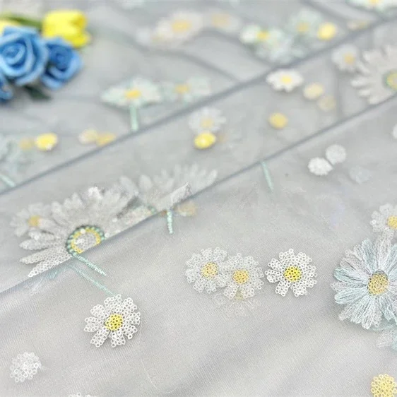 Mesh Dress Children's Clothing Fabric Dandelion Flower Bead Sequin Lace Fabric