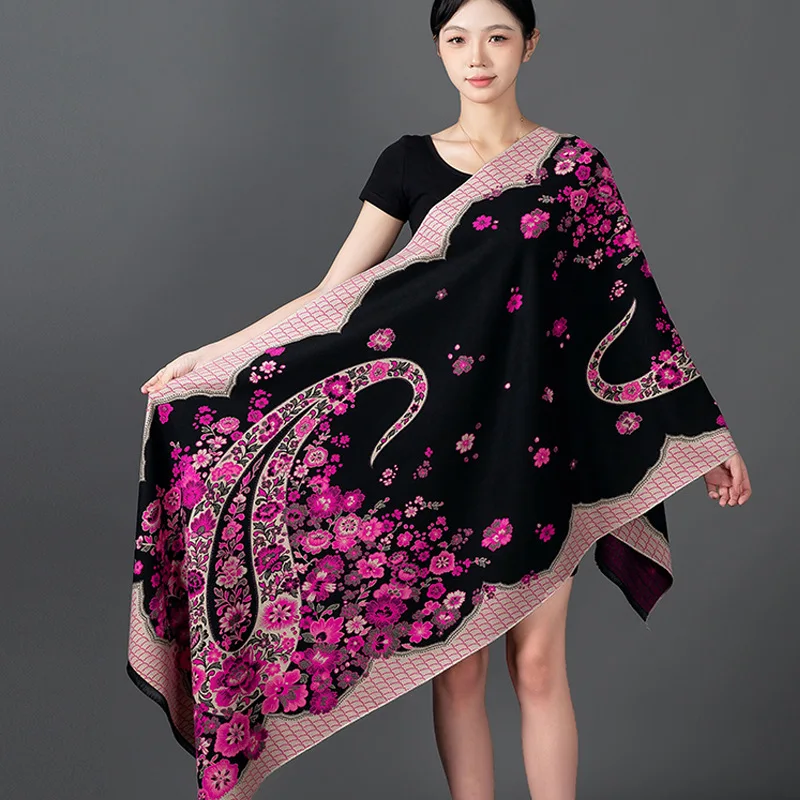 Burgundy Flower Print Scarf  Pashmina Bufanda Muffler Cashmere Blend Echarpes Shawl and Wraps Elegant Autumn Winter Scarves 1