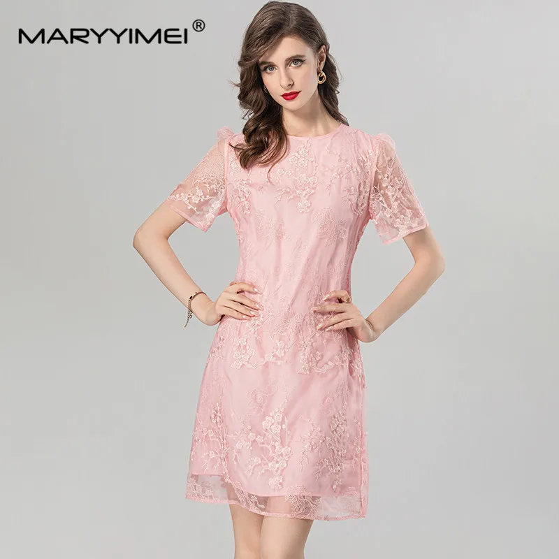 MARYYIMEI Frühling Sommer Damen Kleid Kurzarm Stickerei Design Süße Elegante Party Lose A-Linie Minikleider