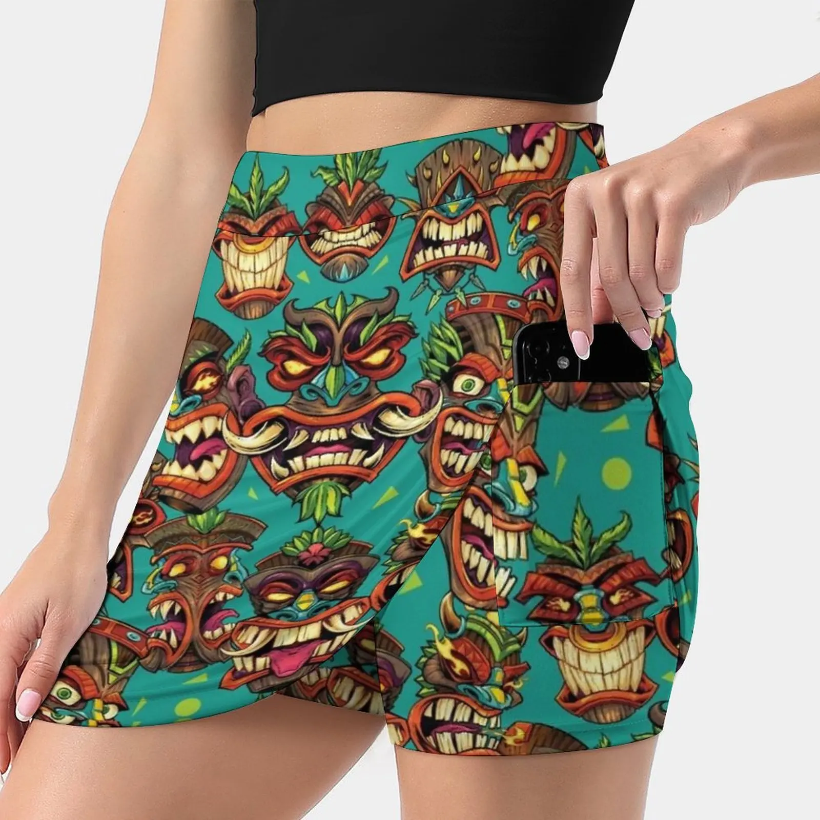 Falda con patrón de repetición de cabeza Tiki para mujer, ropa de verano Y2K, falda de pantalón estilo Kpop con bolsillo, licencia de playa Tiki, 2022