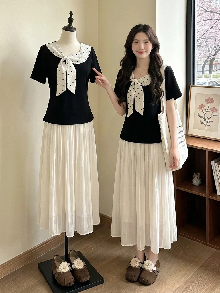 

plus Size Women's Summer Fashion Set Polka Dot Knot Short Sleeve Chiffon Skirt Two Piece Ensemble Casual Commute Style