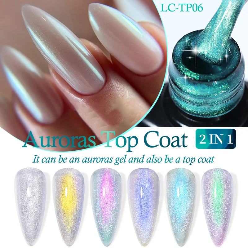 LILYCUTE 7ML Aurora Sparking Effect Top Coat Gel Nail Polish Summer Laser Manicure Semi Permanent No Wipe Top Coat Gel Varnish