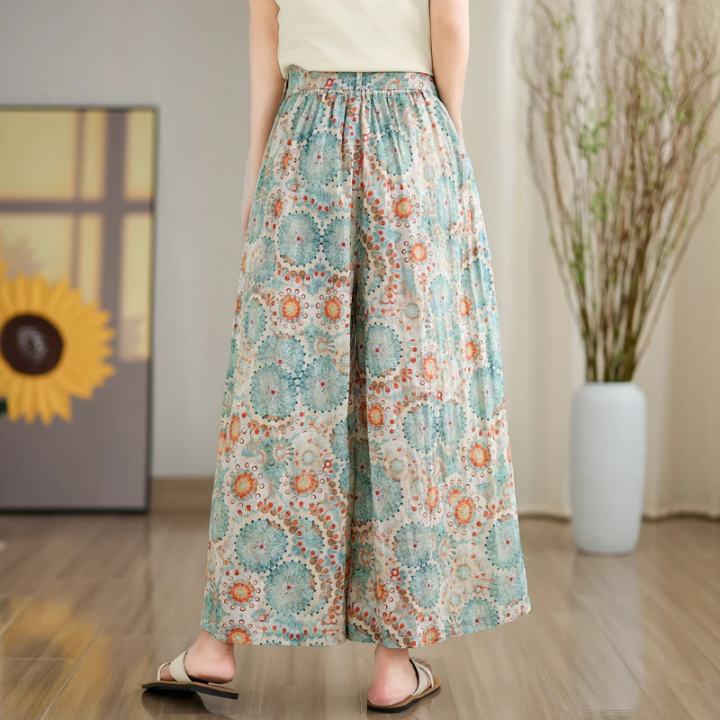 Artistic Vintage Print Loose Wide Leg Pants Nine-Tenths Casual Cotton Linen Skirt Pants Women's Comfortable Elastic Waist