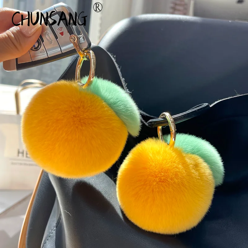 

12024 Tangerine New In Real Ball Fur Handmade Cute Keychains Bag Accessory Car Keychain Gift Keyrings Gifts key chains for women