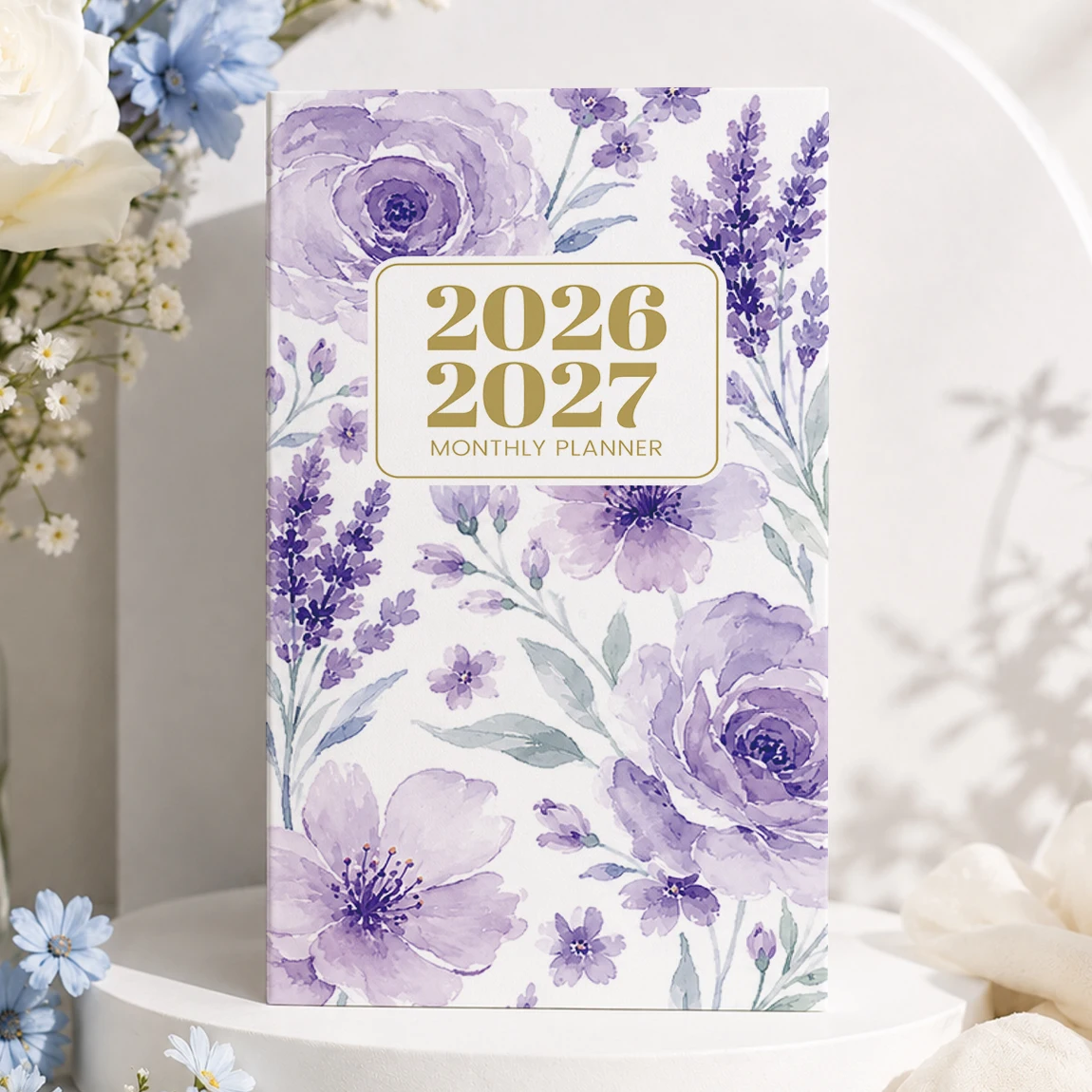 1PC A6 2026-2027 Monthly Planner, Jul 2026-Aug 2027 Pocket Calendar with Notes, Holidays, Purple Floral Cover