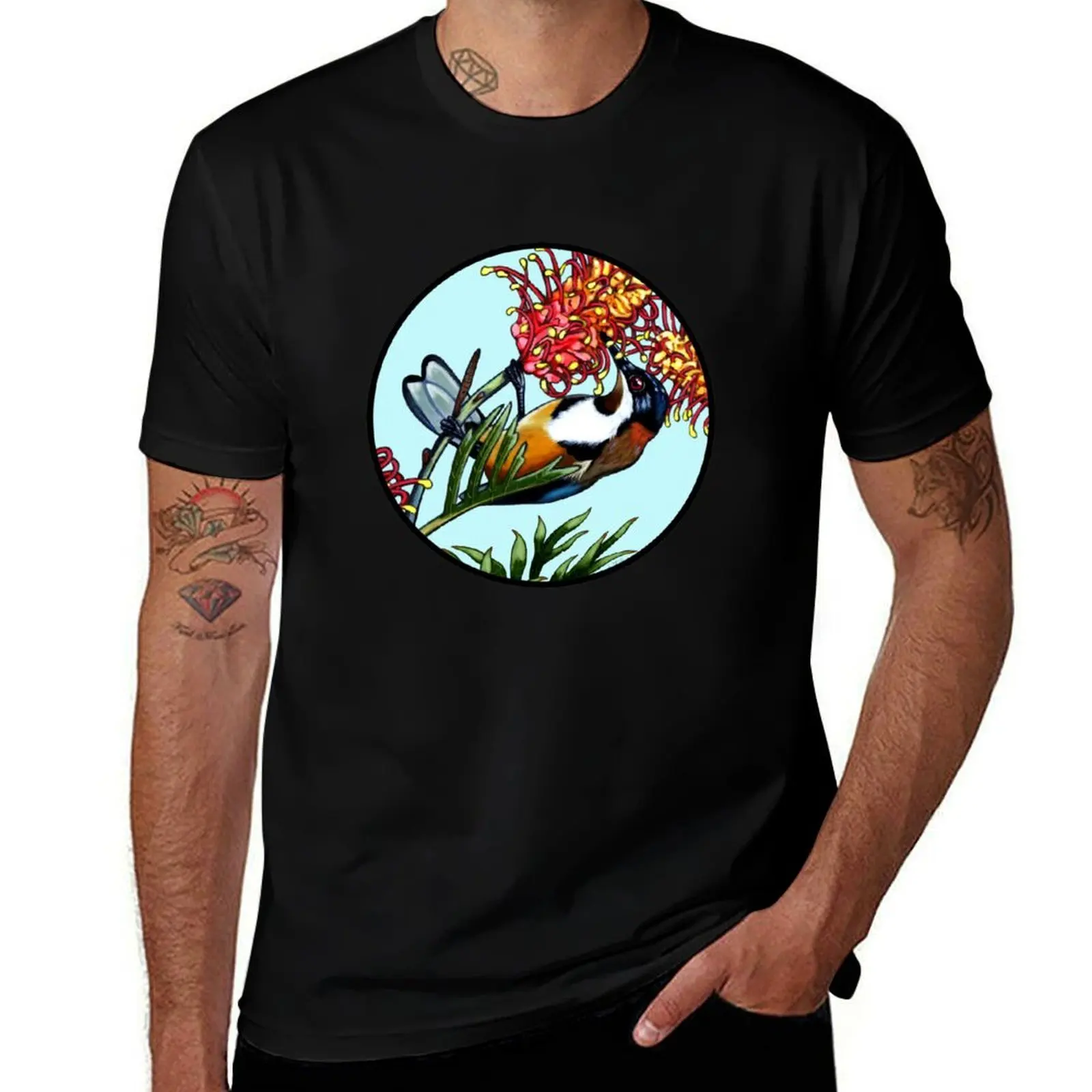 

Eastern Spinebill Bird in Grevillea Flower Round by Australian Artist Laural Retz T-Shirt customs shirts men graphic