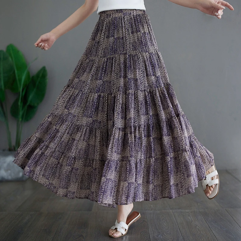 

Summer Chiffon Midi Skirt High Waist Gentlewoman Sle Long Loose Pleated Maxi Skirt A-Line Skirt Draped Ele Commute
