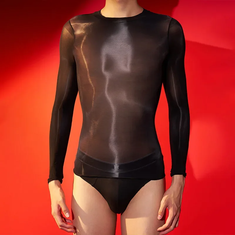 

Porn Sexy Lingerie Men Women Tight Swimsuit Bikini Oil Shiny See-Through Top Silky Tops Glossy T-Shirt Sportswear Gay Undershirt