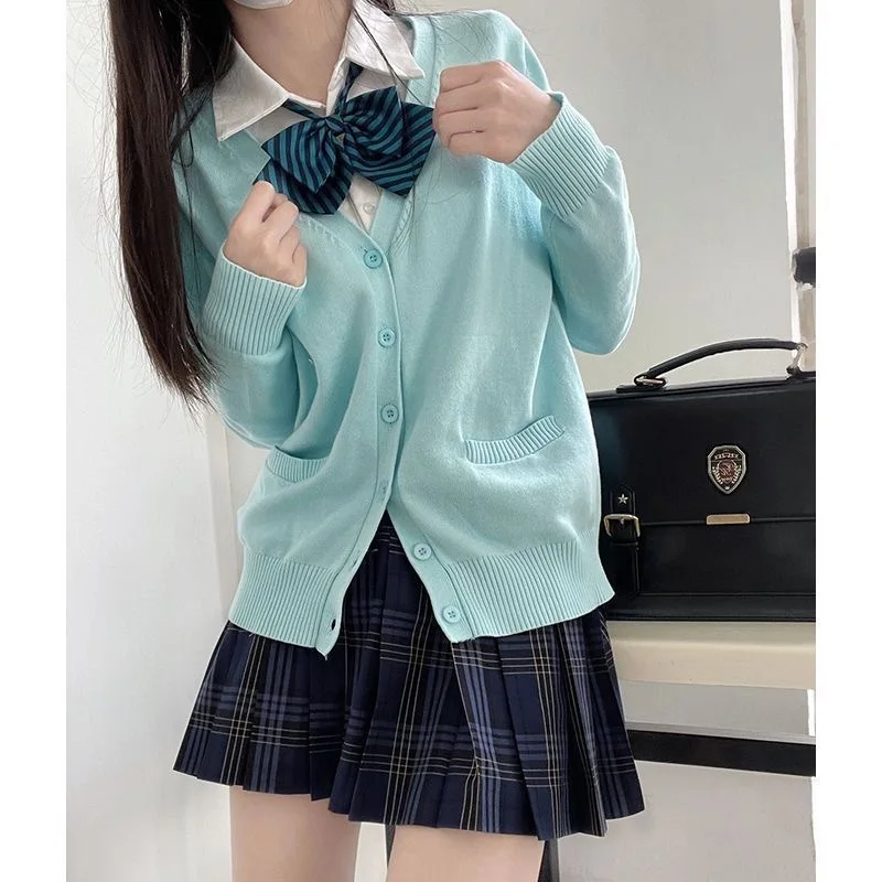 Japanese College Style Cotton Knitted Sweater Cardigan Aqua Blue Women Long Sleeved JK Uniform Sweater Jacket Top V Neck Casual