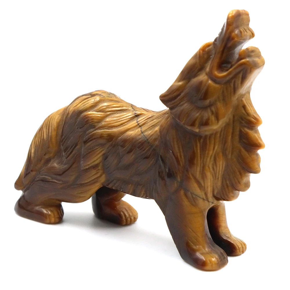 Natural Tiger Eye Crystal Wolf Figurine Hand Carved Healing Stone Animal Statue Home Decor Spiritual Collectible Art Craft Gift