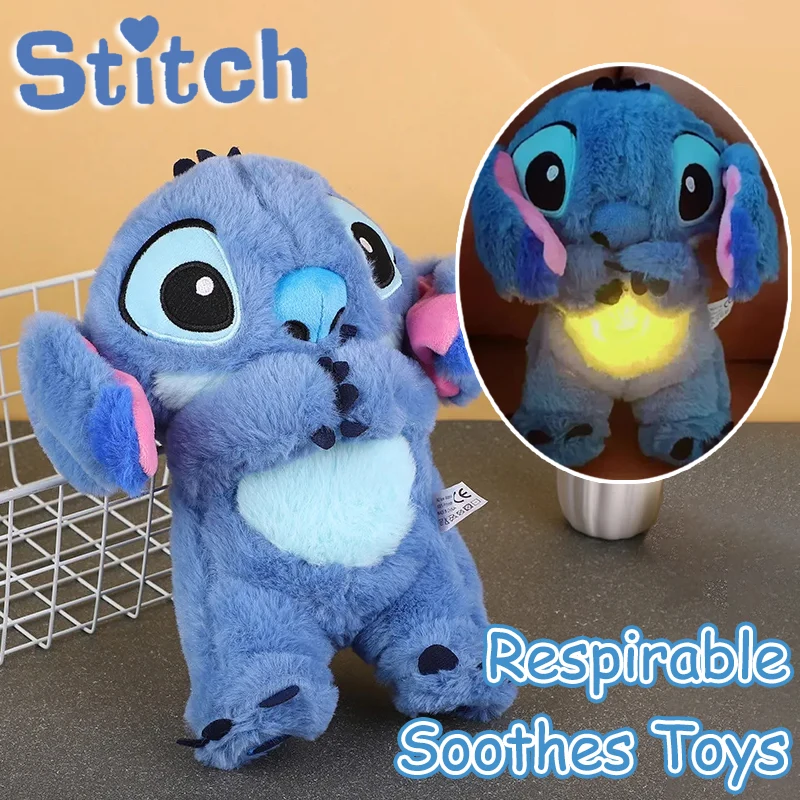 Boneca de Pelúcia Kawaii Stitch para Bebê, Acompanhante para Dormir, Musical Som Calmante com Air Bag e Luz, Brinquedos Respiratórios Presentes