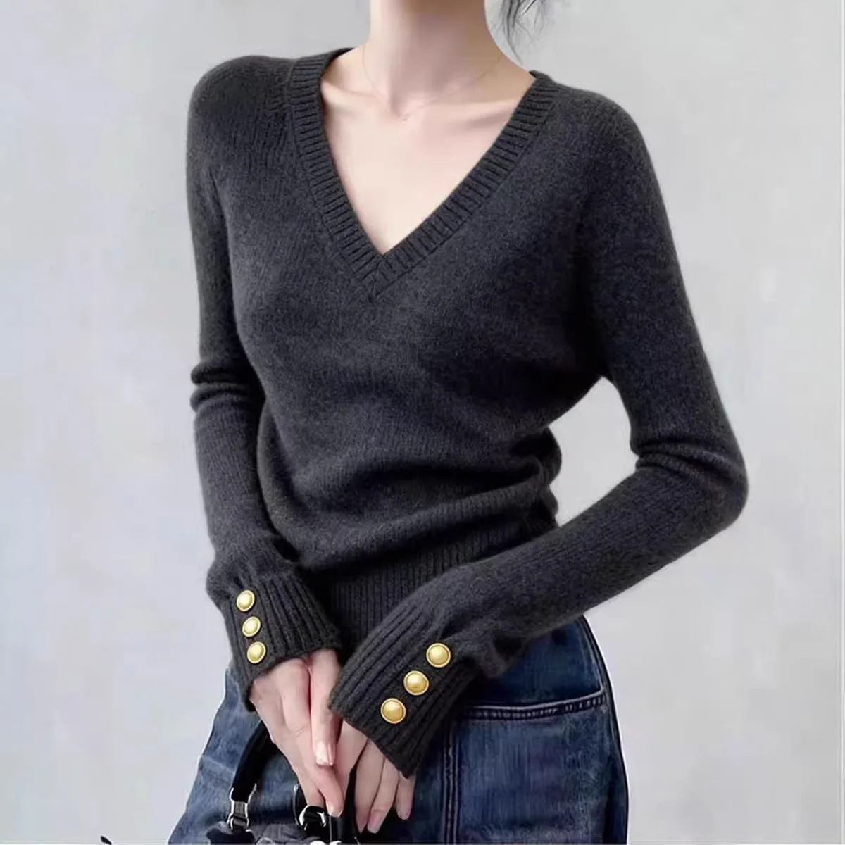 

Cashmere Sweater For Women Korean 2026 Autumn Winter New Lazy Style V-Neck Base Shirt Red Knitted Inner Wear Solid Color Top