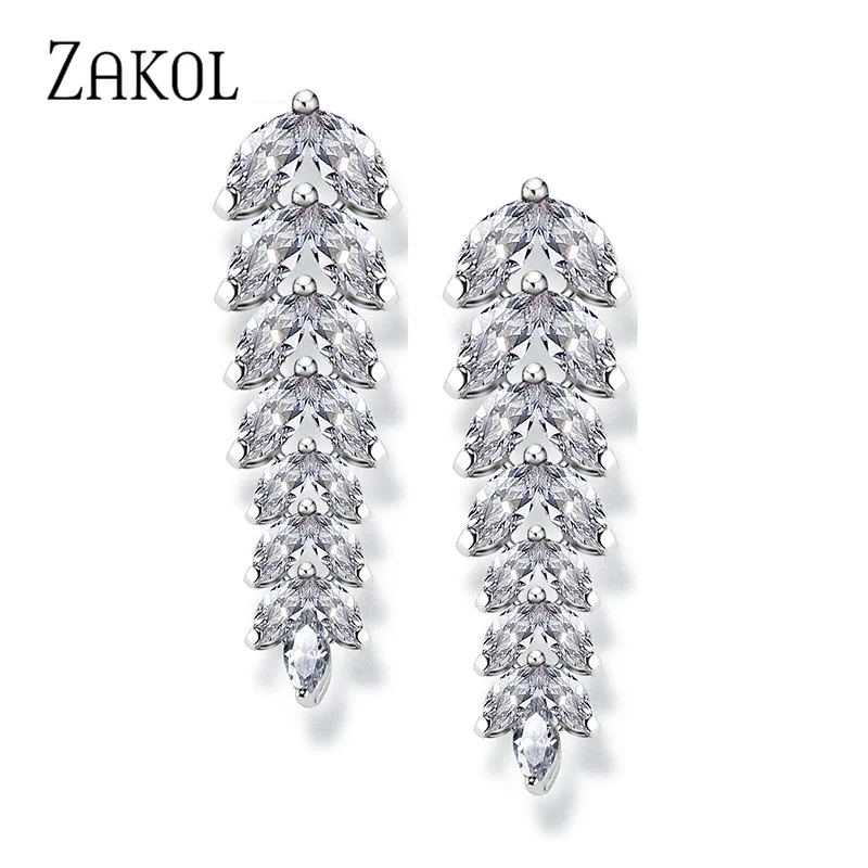 ZAKOL Fashion Cubic Zircon Leaf Pendant Earrings For Women Wedding Party Jewelry Gift EP040