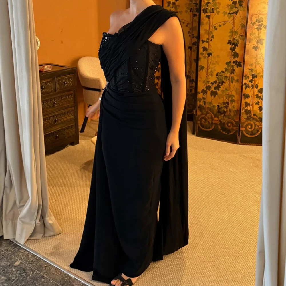 

Customized A-line Evening Dresses Floor-length One-shoulder Sleeveless Prom Gown Fashion Sequined Simple Draped Party Gown