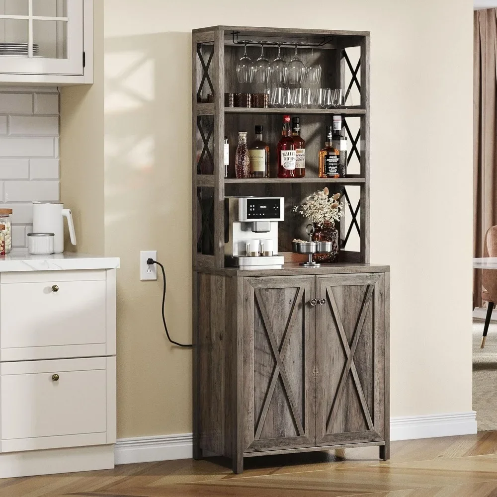 

67" Tall Bar Wine Cooler for Liquor and Glasses, Farmhouse Storage Cabinet w/Wine Rack, Open Storage Shelves, Buffet Kitchen