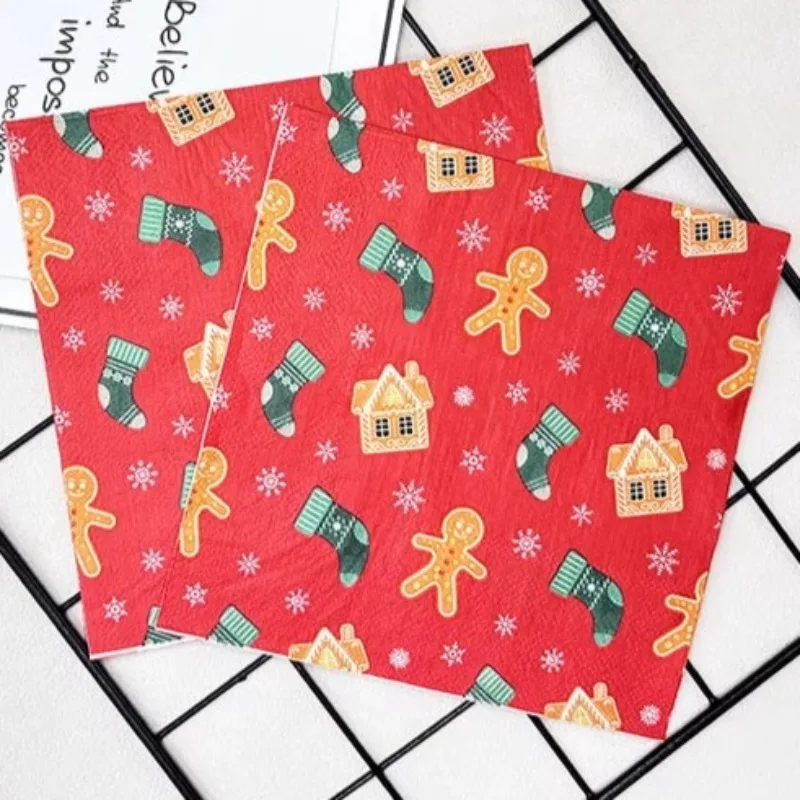 10/20pcs 33cm 2Layer New Christmas Elements Napkins Gingerbread Man Christmas Socks Red Party Towels DIY Decoupage Paper