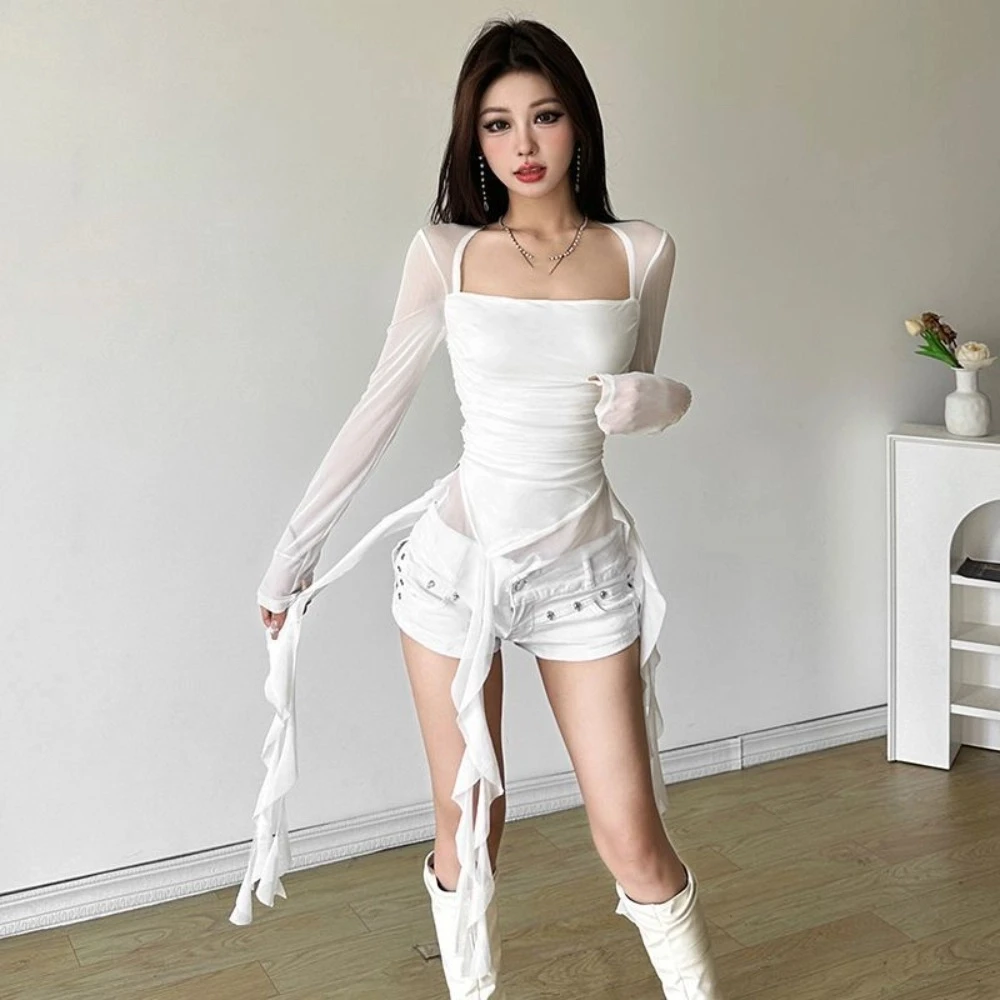 

Streetwear Jellyfish Mesh Belt T-Shirt Elf Long Sleeve Korean Y2K Ins Slim Fit Crop Tops Irregular Pleated Collar
