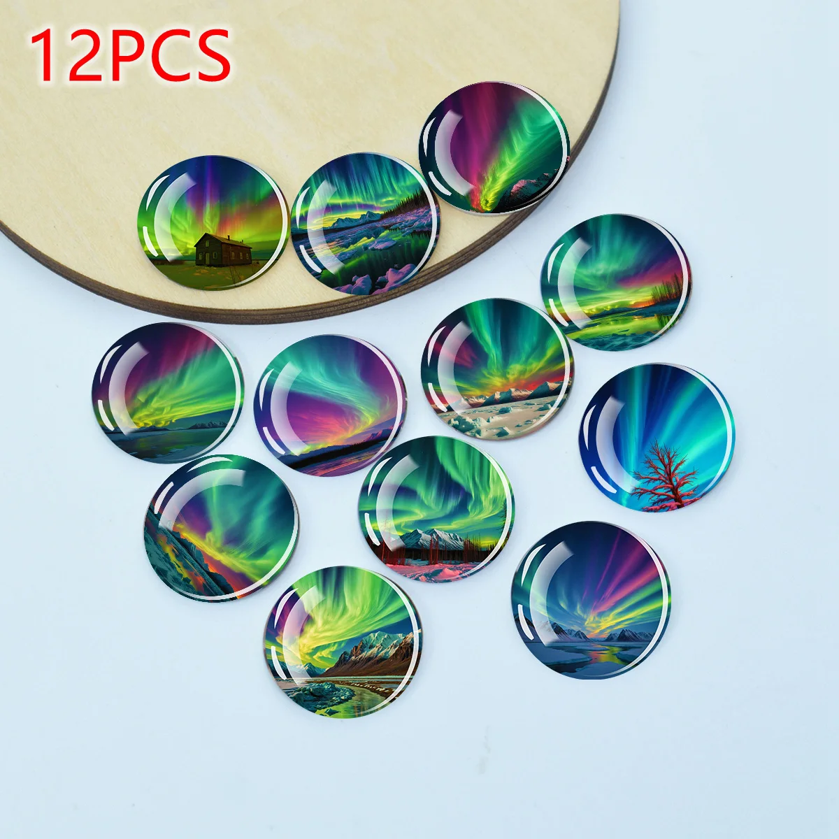 12PCS Aurora Pattern Round Glass Cabochons Flat Back Beads DIY Jewelry Making Findings for Pendant Bracelet Craft Supplies