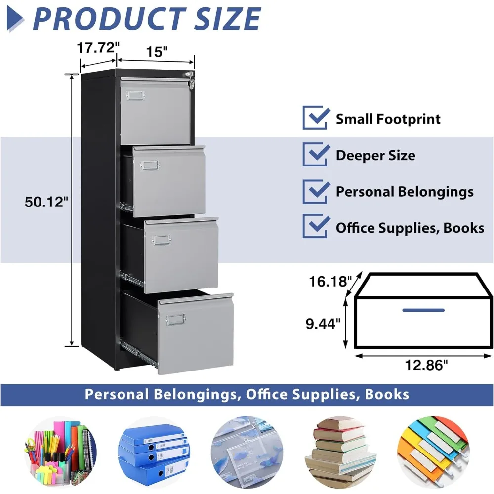 خزانة ملفات معدنية بقفل عمودي للمكتب المنزلي - خزانة تخزين بأربعة أدراج مع أمان