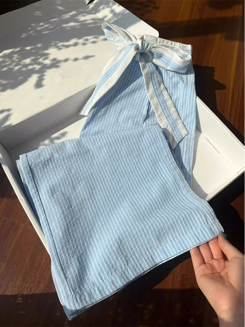 

Blue Knot Casual Pants Women Summer Straight Loose Striped Wide Leg Pants High Waist Korean Style Commute
