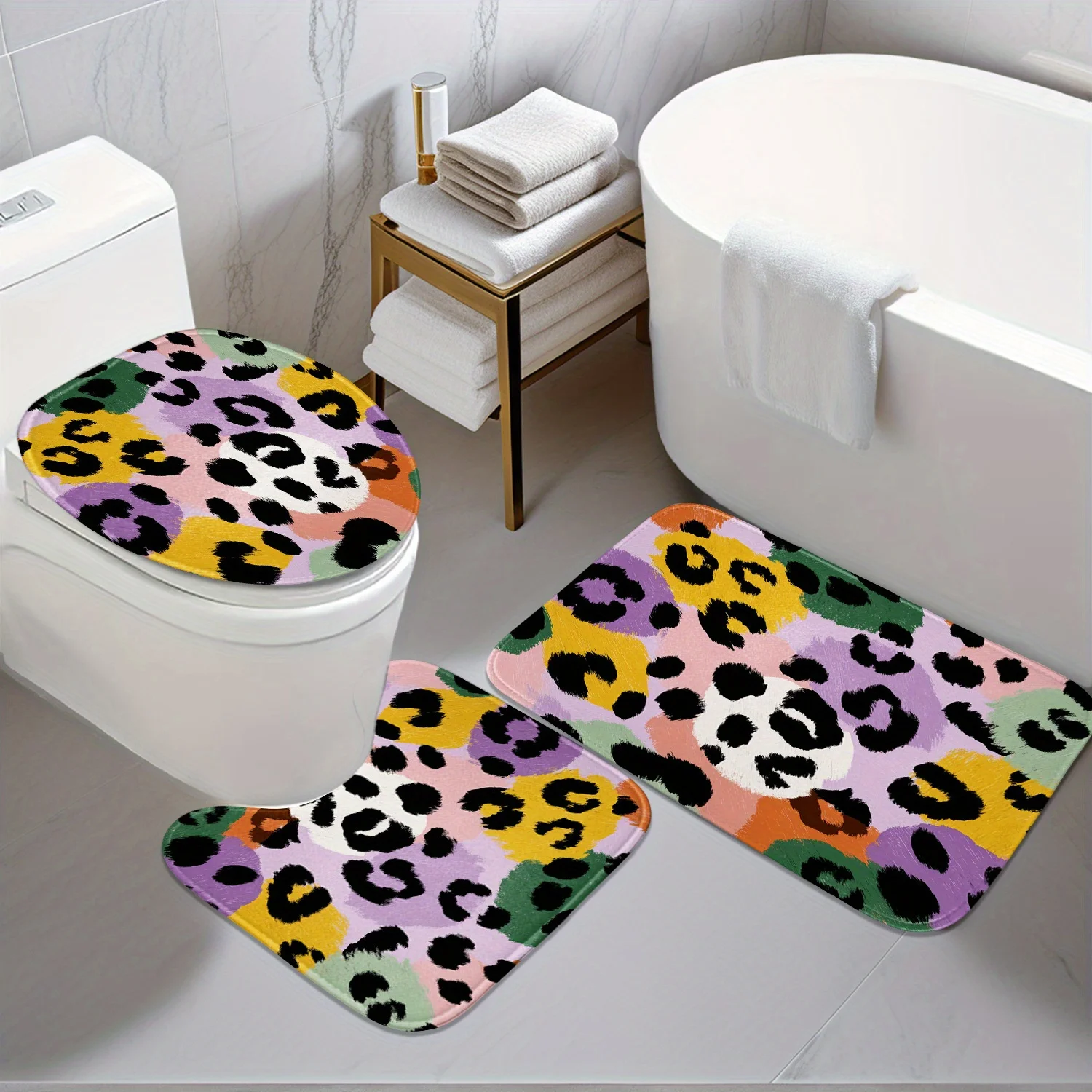 

Bathroom Anti-Slip Mat Set - 3pcs Multicolor Leopard Print 2D Design with Digital Printing, Includes Non-Slip Mat, U-Shaped Mat